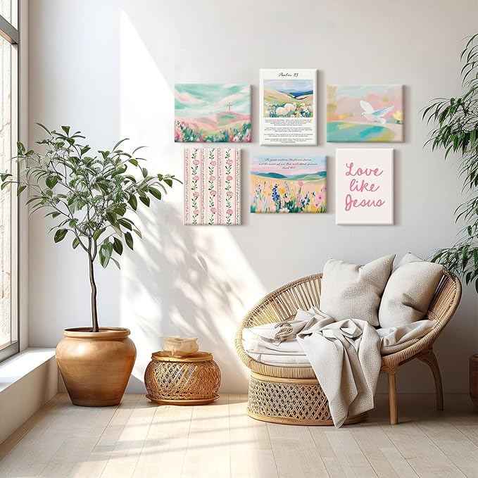 Pastel Pink Christian Wall Art Bible Verse Preppy Canvas Wall Decor Girl Trendy Christian Poster Aesthetic Floral Scripture Prints Cute Religious Pictures for Girls Room 8x10 Inch Ready to Hang 6Pcs