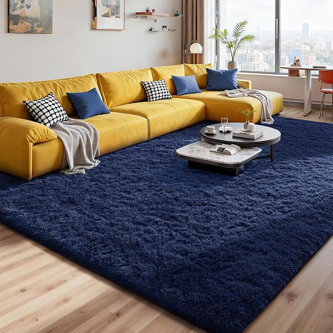 Soft Area Rugs for Bedroom Living Room Plush Fluffy Rug 9x11 Feet, Shag Furry Area Rug Carpet Non Shedding for Nursery Children Kids Girls Room Home Decorative, Navy Blue