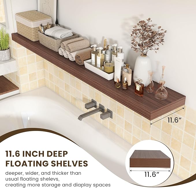 FLYJOE 72 Inch Walnut Floating Shelf | 12 Inch Deep Floating Shelves Set of 1 | 72" D x 12" D Rustic Wood Shelves for Wall | Deep Walnut Shelves for Living Room Bathroom Laundry Room Kitchen