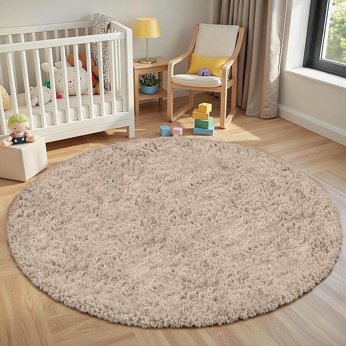 Beige Round Fluffy Rug 5ft,Soft Bedroom Circle Rugs Mats for Kids Girls Nursery Room,Washable Plush Shaggy Indoor Non Slip Rug for Bedside Living Room Bedroom Circular Carpet,Home Decor Aesthetic