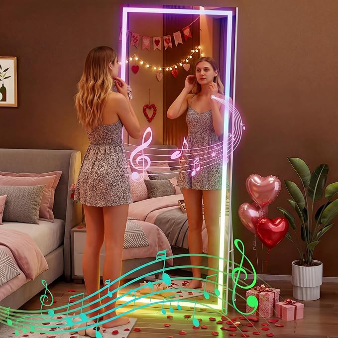 Hasipu 71"x24" LED RGB Bluetooth Full Length Mirror with Lights, Full Body Mirror with Stand, Wall Mount & Free Standing Floor Mirror for Bedroom Living Room Cloakroom, 7 Color & Brightness Adjustable