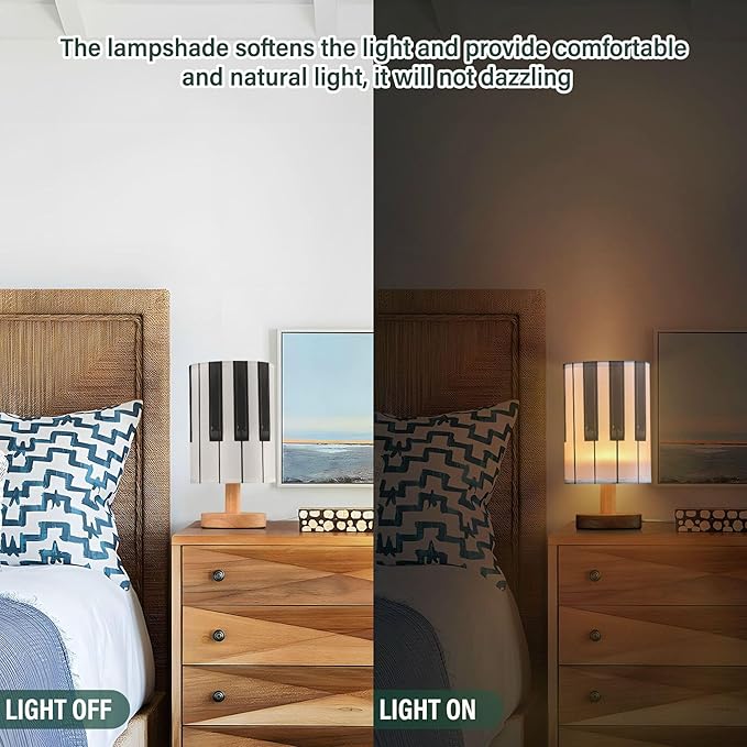 Table Lamp Piano Key Black and White Musical Instrument Nightstand Lamp with Wood Base Fabric Lamp Shade Bedside Desk Lamp for Living Room Bedroom Kids Room Office