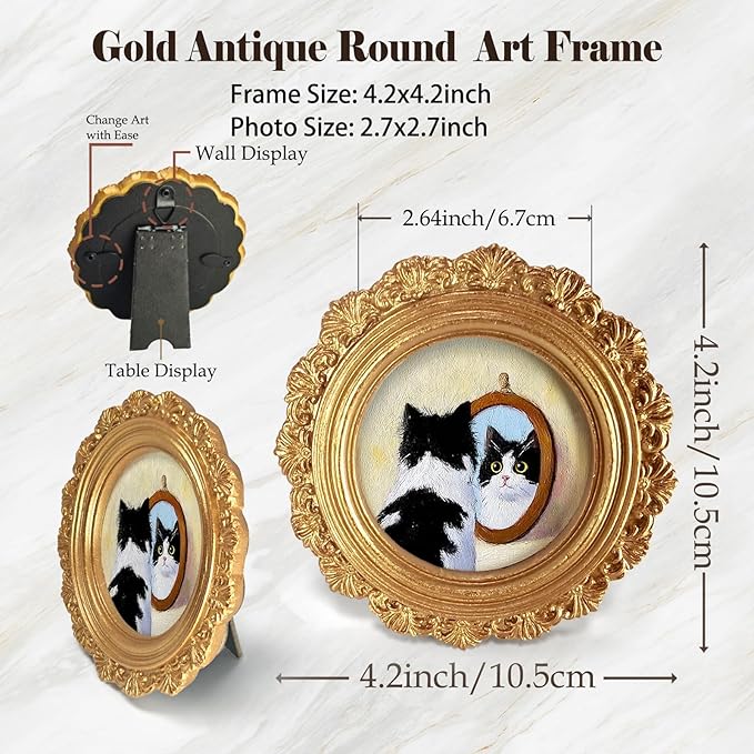 Small Funny Cat Mirror Round Picture Frame Wall Decor, Black White Cat Gold Mini Ornate Photo Frame for TableTop Desk 2.7in Photo, Whimsical Vintage Framed Artwork for Walls Office Bedroom