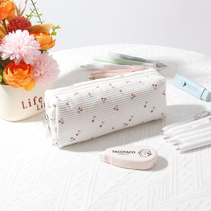 Pencil Case Lightweight Aesthetic Pen Case Office College School Storage Bag Pouch Holder Box Organizer Makeup Pouch Cosmetic Bag for Girls Boys Kids (Flowers-Cherry)