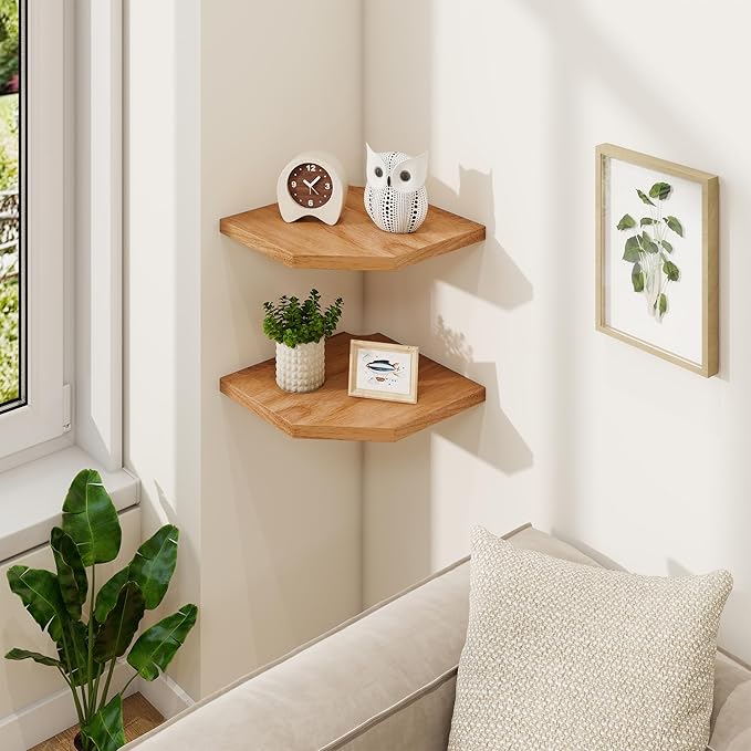 Fun Memories Corner Shelf Wall Mount Set of 2 - Solid Oak Wood Floating Corner Shelf with Cable Hole, 10in Rustic Design for Bedroom, Living Room, Kitchen (Natural)