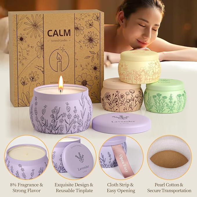 Scented Candles for Mom, 17.6oz Romantic Jar Candles for Women Girl Candle Set, 120H Burning, Soy Candle for Home Scented, Mother's Day,Birthday,Lavender | Vanilla | Rose & Sandalwood | Jasmine -4Pack