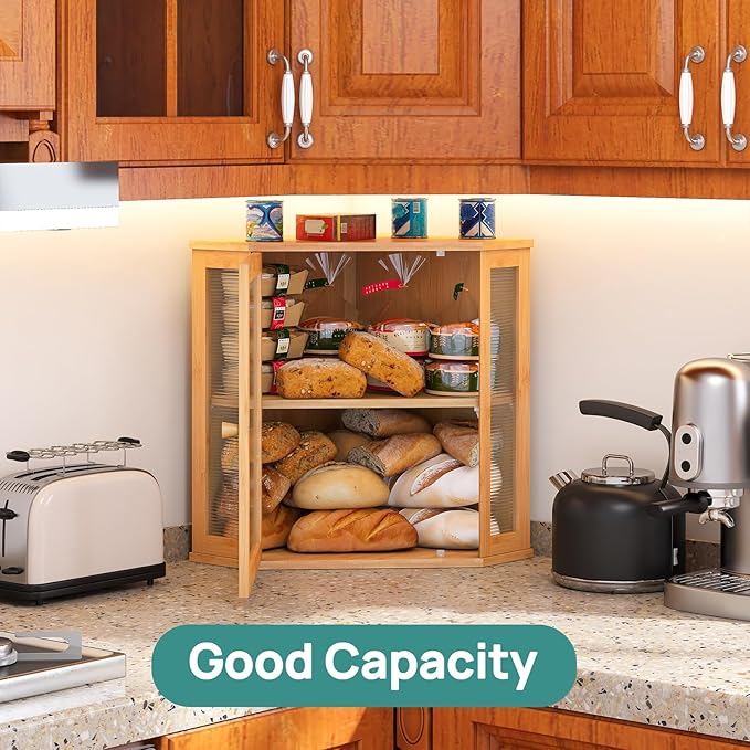 viewcare Corner Bread Box for Kitchen Counter, Bamboo Wood Large Capacity Bread Storage Bin with Acrylic Wavy Door Panel (Natural, Extra Large)