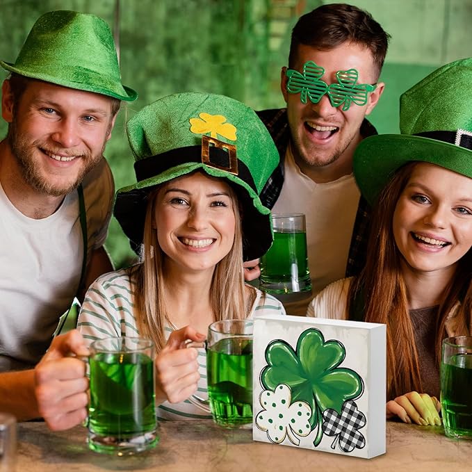 St. Patrick's Day Decorations, Irish Luck Shamrock Wooden Box Sign Desk Decor, St Patricks Day Decorations Party Table Decor 5x5