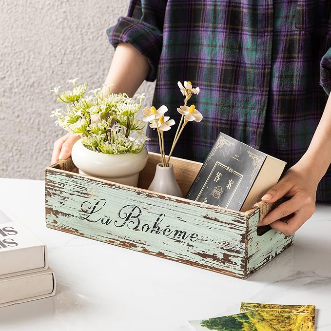TIMRIS Farmhouse Distressed Wooden Storage Box, Rustic Bathroom Decor Box, Decorative Toilet Tank Basket, Vintage Countertop Organizer Box with Handles (Distressed Green)