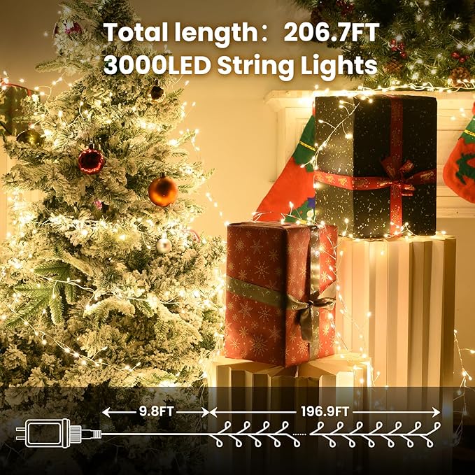 Fairy Lights Plug in,Dailyart 3000 Led Cluster Lights with Timer 195Ft Waterproof Warm Twinkle String Light with Remote for Bedroom Wreath Garland Window Wedding Christmas Tree Decoration,Sliver Wire