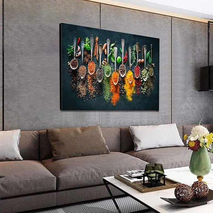 Framed Large Kitchen Wall art Pictures Decor Couful Spice in Spoon Vintage Canvas Wall Art Food Photos Painting On Canvas Home Decoration Gift Ready to Hang 24x36inch