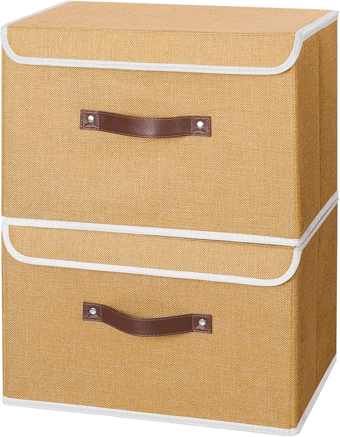 ANMINY 2PCS Storage Bins with Lid PU Leather Handles Storage Boxes PP Plastic Board Decorative Foldable Lidded Cotton Linen Fabric Home Cubes Baskets Closet Organizer Containers - Khaki, Large Size