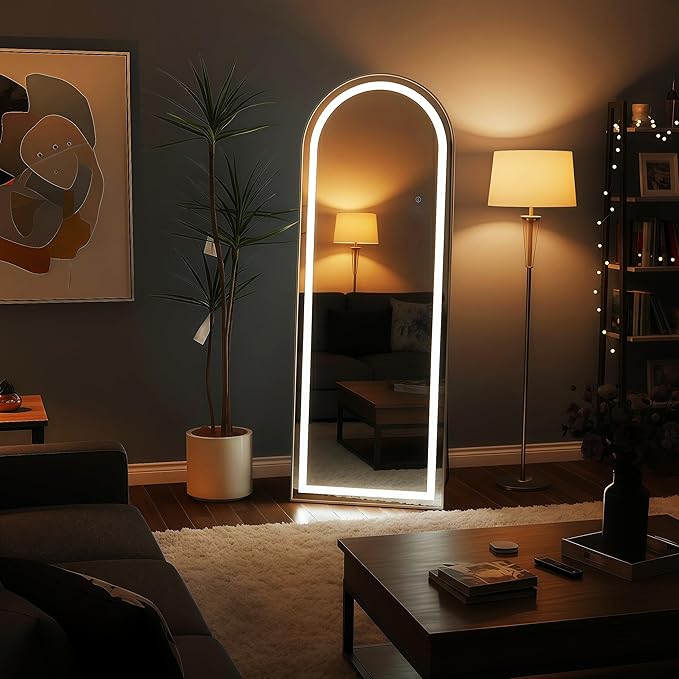 Full Length Mirror with LED Lights 65"x24"Arched Full Body Mirror with Stand Aluminum Alloy Frame, Floor Mirror with Dimming & 3 Color Lighting for Bedroom Dressing Room Tempered Glass Silver