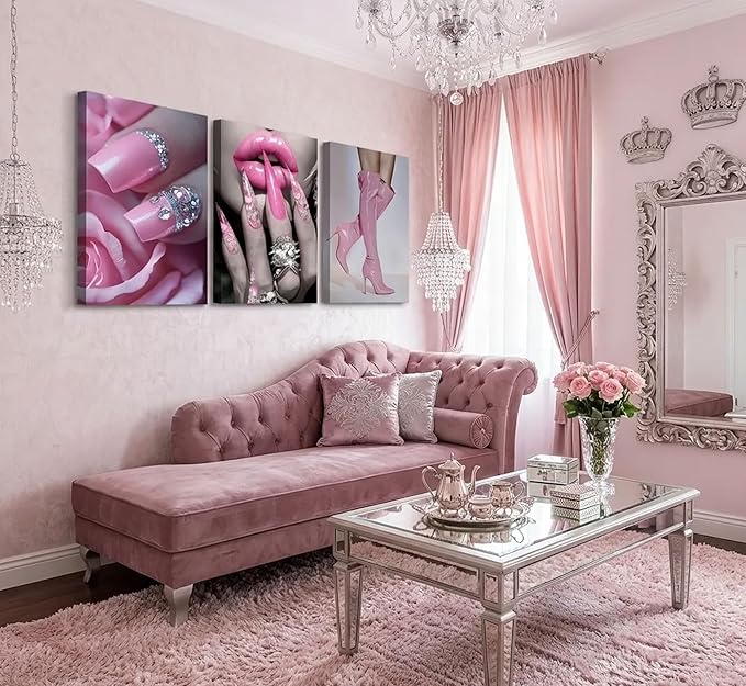 3Pcs Fashion Pink Women Canvas Wall Art Glam Funky Maiden High Heel Pictures Wall Decor Elegant Dreamy Lips Pink Posters Prints Paintings for Living Room Bedroom Home Decoration Prepare To Hang