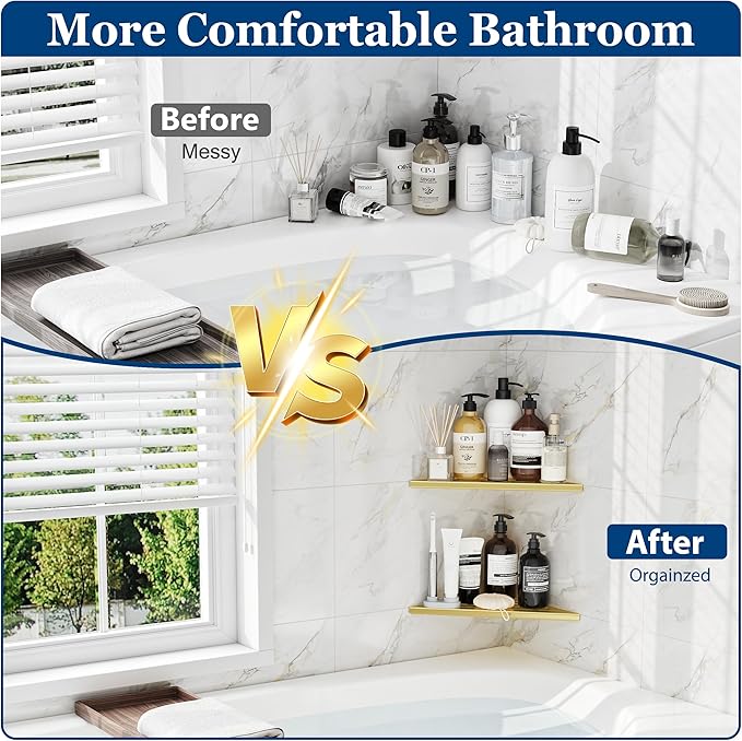 Qeke Corner Shower Shelves, 10” Recessed Tile Shower Shelf, 304 Stainless Steel Grout in Corner Tile Shower Shelves, No Drilling, Brushed Golden, 2 Pack