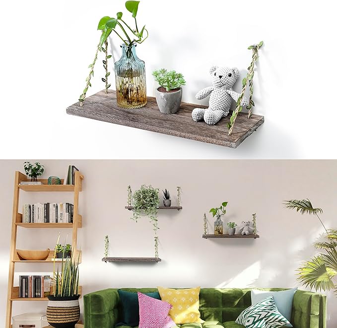 MITIME Leaf Rope Hanging Floating Shelves, Wall Swing Storage Shelf for Home Decor.17, 3-Pack (Retro Color)
