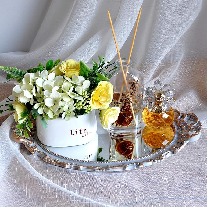 Oval Decorative Mirror Tray, French Style Flower Frame, Makeup Organizer, Jewelry Organizer, Serving Tray, 9.8"x 14.6", Golden Grey
