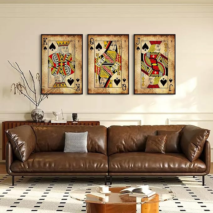 Playing Card Wall Art Poster Vintage Poker Canvas Wall Decor Retro Game Room Art Picture Joker King Queen Poster Trendy Retro Prints Vintage Poker Painting Artwork for Bedroom 16x24 Inch Unframed 3Pcs