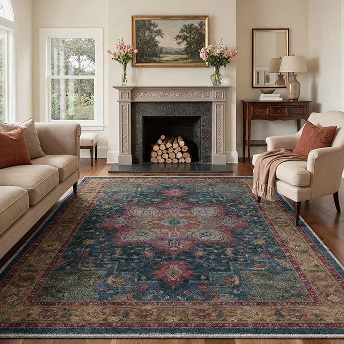 GENIMO 5x7 Area Rugs for Living Room, Machine Washable Rug, Non Slip Indoor Vintage Carpet, Low Pile Lightweight Chenille Print Carpet for Bedroom Dining Room Home Office,Teal Burgundy