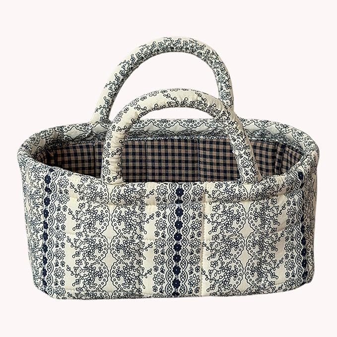 Small Floral Storage Bins with Cotton Handles – Collapsible Boho Fabric Storage Basket for Drawers, Shelves & Desktop