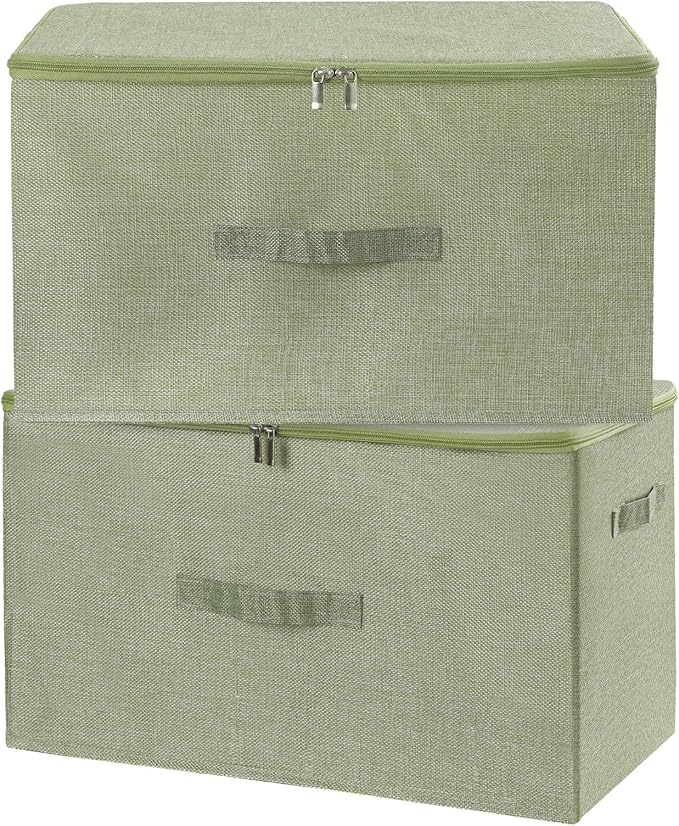 ANMINY 2PCS Storage Bins with Zipper Lids 51.9 Qt Lidded Fabric Storage Boxes Baskets Cubes with Handles Collapsible Washable Cotton Linen Closet Shelf Clothes Organizer - Green, Extra Large