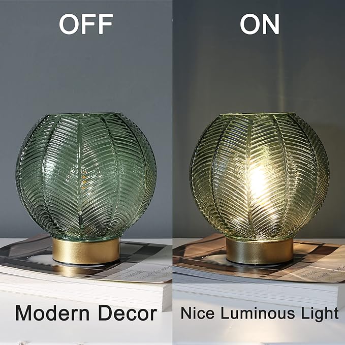 LUSHARBOR Battery Operated Lamp with Timer, Decorative Green Glass Table Lamp Cordless, Small Ambient Lamp for Bedside Bedroom Living Room Decor -Green