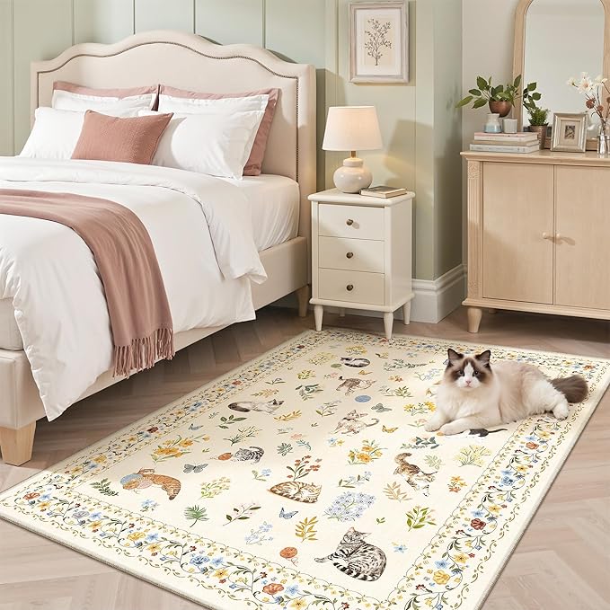 Soalmost Cat 4x6 Area Rugs, Machine Washable Animal Floral Accent Rug Non-Slip Low Pile Soft Throw Rugs for Entryway Kitchen Bedside Living Room Bedroom Nursery Playroom (4 x 6,Beige)
