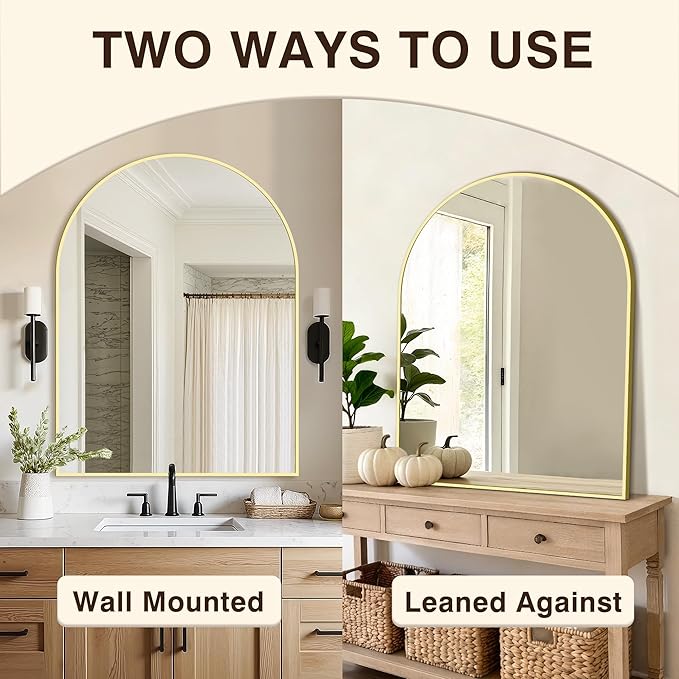 Vanity Bathroom Mirror for Wall, 40"x30" Arched Bathroom Mirror for Over Sink, Arched Metal Frame for Bedroom, Living Room, Entryway, Hanging or Leaning, Gold