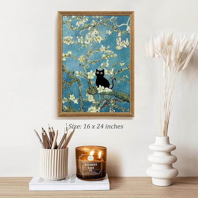 Fantasy Artists Van Gogh's Almond Blossom Funny Black Cat Canvas Wall Art, Oil Painting Posters Home Decor, Vintage Abstract Aesthetic Wall Decorations for Living Room Bedroom, 16'' x 24''