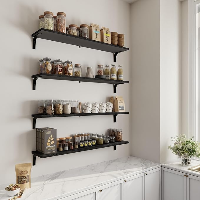 12 Inch Deep Floating Shelves Set of 4, 48 Inch Wide Black Solid Wood Wall Shelves, 4ft Heavy Duty Farmhouse Wall Mounted Shelving for Kitchen, Living Room & Bedroom