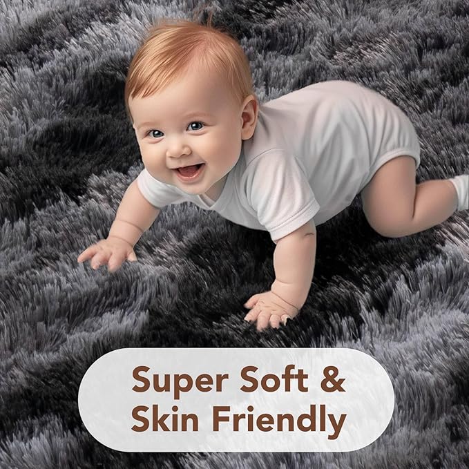 FinRèc 5x8 Black Rugs for Living Room Bedroom, Fluffy Shaggy Area Rug, Non-Slip Soft Shag Rug for Nursery Kids Room Dorm Room Home Decor, Indoor Plush Floor Carpet