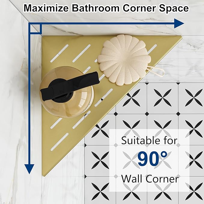 Qeke Corner Shower Shelves, 10” Recessed Tile Shower Shelf, 304 Stainless Steel Grout in Corner Tile Shower Shelves, No Drilling, Brushed Golden, 2 Pack