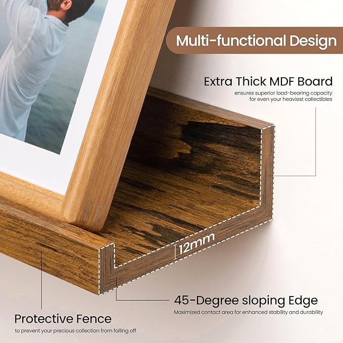 Fun Memories Picture Ledge Shelf, 32 Inch Floating Shelves Set of 2, Large Nursery Book Shelves for Toys Storage, Kids Bookshelf Wall Mounted for Wall Decor Books Photo Frames, Rustic Brown