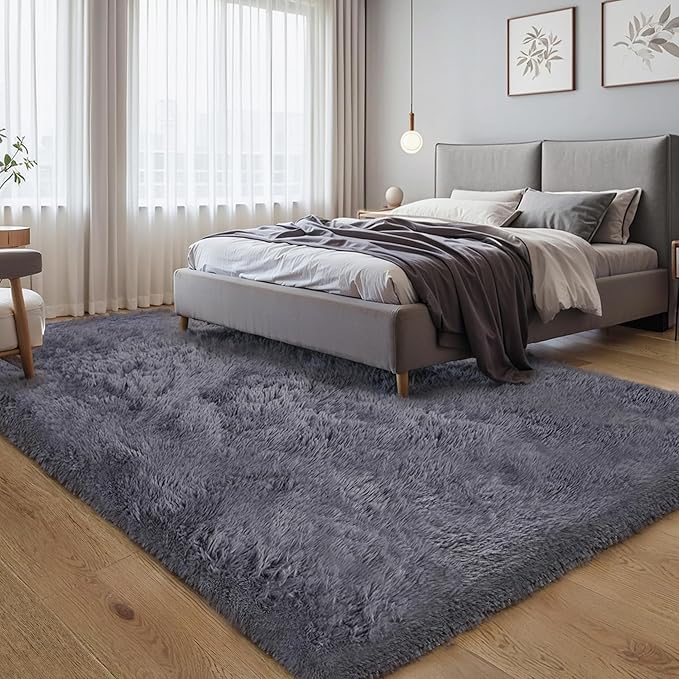 KICHOWUA Thick Area Rug 5x7 Grey Fluffy Shag for Bedroom, Extra Soft Plush Fuzzy Washable Thickened Non-Slip Floor Carpet for Living Room, Cozy Furry Shaggy Rug for Kids Baby Boys Girls Nursery Dorm