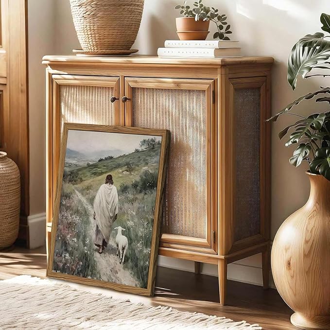 Jesus and Lamb Wall Art 3D Textured Hand Drawn Sandstone Lost Lamb Wall Decor, Jesus Leaves the 99 Sheep Christian Paintings Artwork for Living Prayer Room Bedroom 24x36 inch Wood Framed