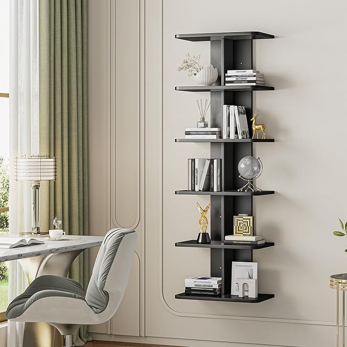 REIBII 6 Tier Floating Shelves, Vertical Column Black Wall Shelves for Home Decor, Floating Shelf for Living Room, Bedroom, Office