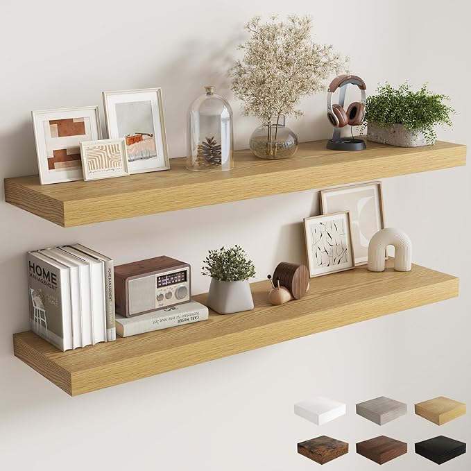 Fun Memories 55 Inch Fireplace Mantel Shelf, 12 Inch Deep Shelves for Display & Wall Storage, Rustic Wood Wall Shelf, Extra Long Floating Shelves for Bathroom Bedroom Living Room, Oak, 2 Pack