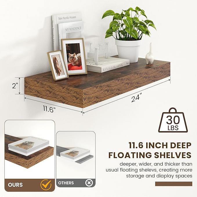 FLYJOE 12 Inch Deep Floating Shelves | 24 Inch Brown Floating Shelves | 24" W x 12" D Rustic Wood Shelves for Wall | Deep Shelves for Living Room Bathroom Laundry Room Kitchen