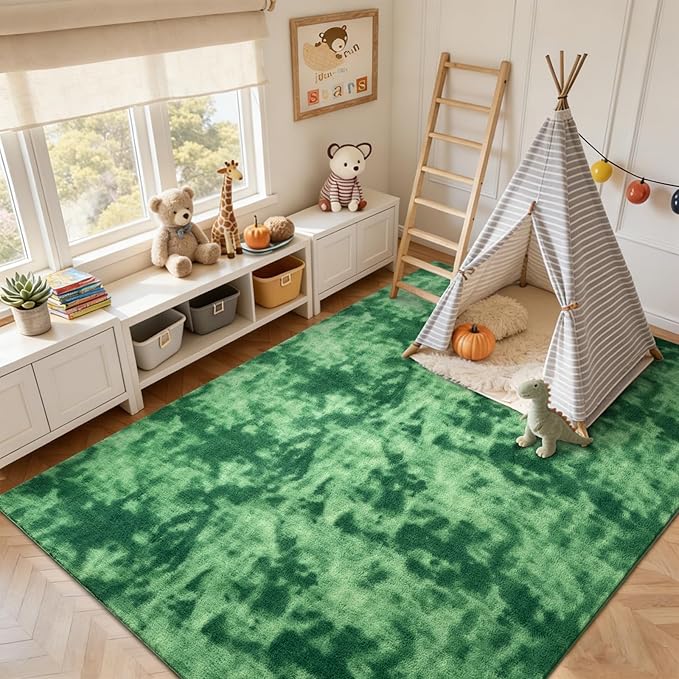 FinRèc 6x9 Washable Area Rugs for Bedroom Living Room, Low Pile Thin Ultra Soft Shag Rug, Non-Slip Carpet Indoor for Home Decor (Tie-dye Green)