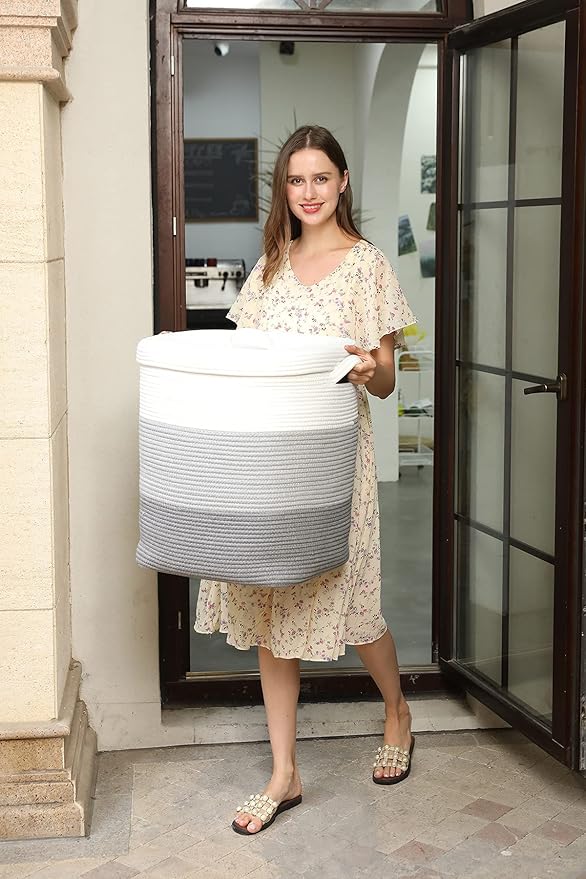 16”x16”x20” Rectangular Extra Large Storage Basket with Lid, Cotton Rope Storage Baskets, Laundry Hamper, Cloth Bin, for Clothes Towels Blankets Storage in Living Room, Light Grey/Grey