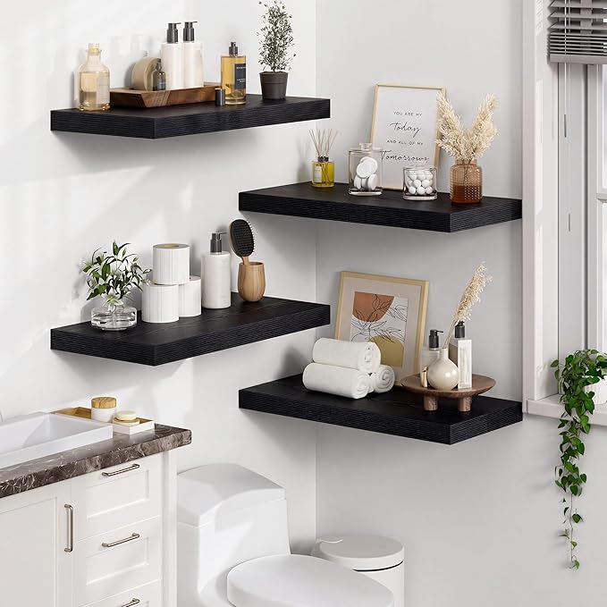 Heimlove 12" Deep Black Floating Shelves for Wall, 24 Inch Shelf Bathroom Shelves Set of 2, Mounted Shelves for Books Living Room Laundry Room Bedroom Kitchen Home Office