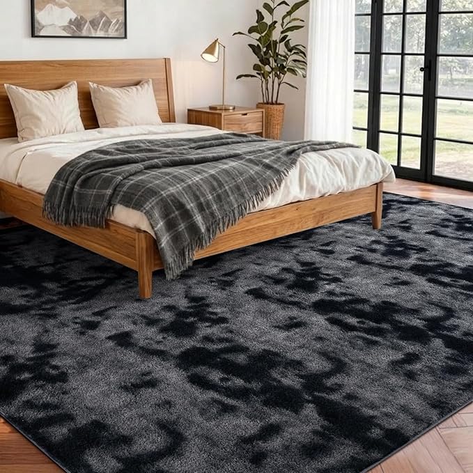 FinRèc 5x7 Washable Area Rugs for Bedroom Living Room, Low Pile Thin Ultra Soft Shag Rug, Non-Slip Carpet Indoor for Home Decor (Tie-dye Dark Grey)
