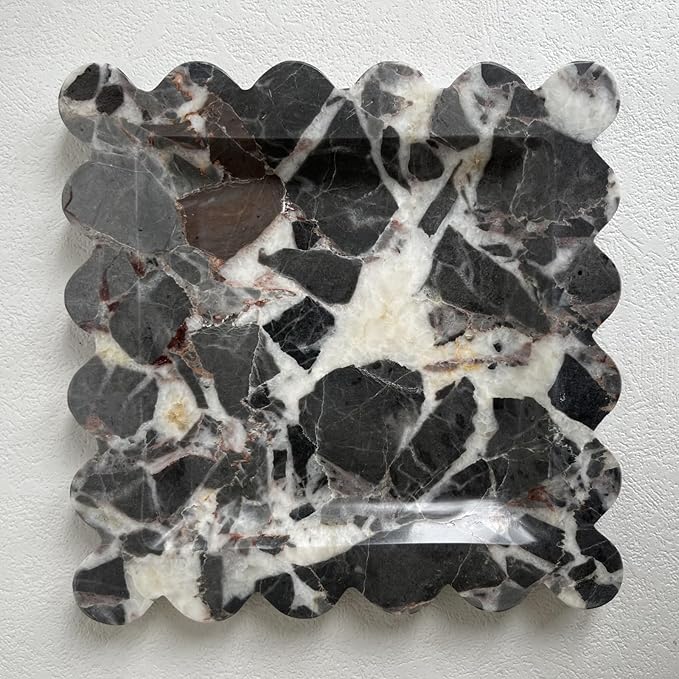 Vintage Natural Marble Tray Small Ornaments Scalloped Tray Handmade Storage Dish for Counter, Vanity, Dresser, Nightstand and Desk (Black White Brown)