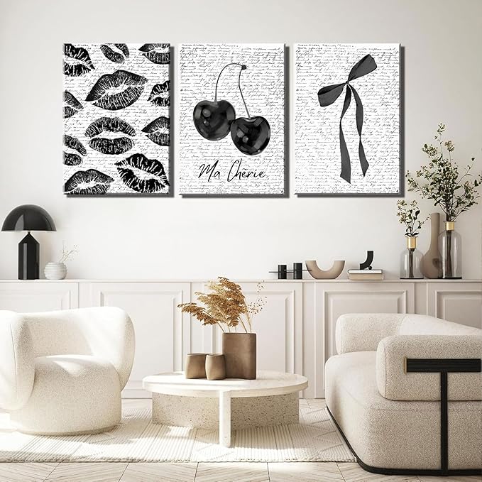 3Pcs Vintage Funky Black White Lips And Cherry Canvas Wall Art Girl Fashion Aesthetic Bow Wall Decor Ma Cherie Dark Coquette Posters Prints for Neutral Preppy Apartment Girl Room16x24in framed