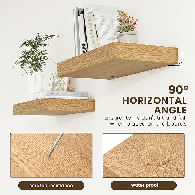 FLYJOE Deep Floating Shelves | 24 Inch Oak Floating Shelves Set of 2 | 12 Inch Deep Rustic Wood Shelves for Wall | 24" W x 12" D Oak Shelves for Living Room Bathroom Laundry Room Kitchen