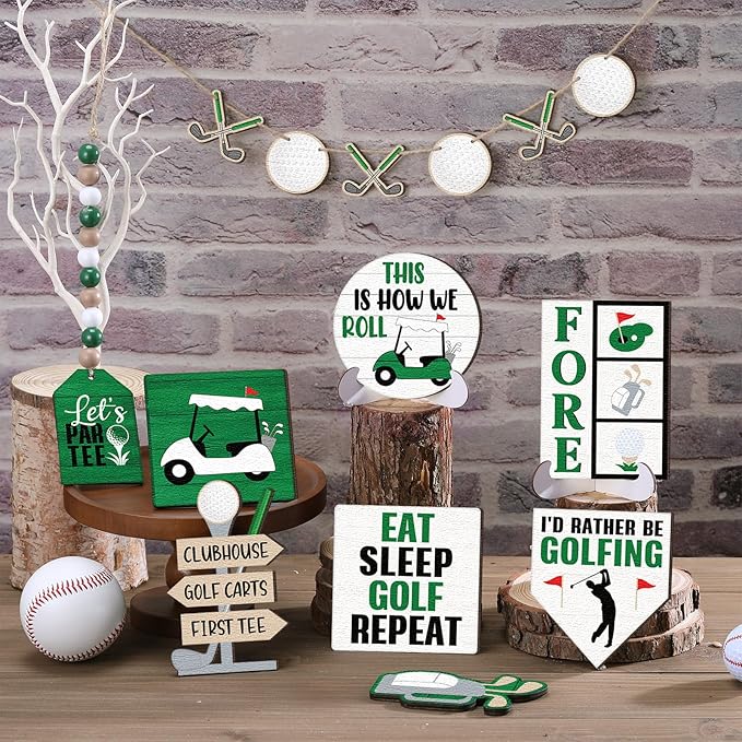 FairySandy 13 Pcs Golf Tiered Tray Decoration Wooden Golf Table Centerpieces Decor Rustic Wooden Sport Game Sign for Fans Ball Theme Party Supplies