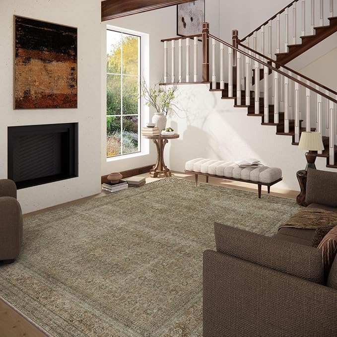 10x12 Area Rugs for Living room: Bedroom Rug Washable Vintage Stain Resistant Non Slip Low Pile Soft Lightweight Large Area Rug for Dining Room Under Table Kitchen Nursery Farmhouse Home Office