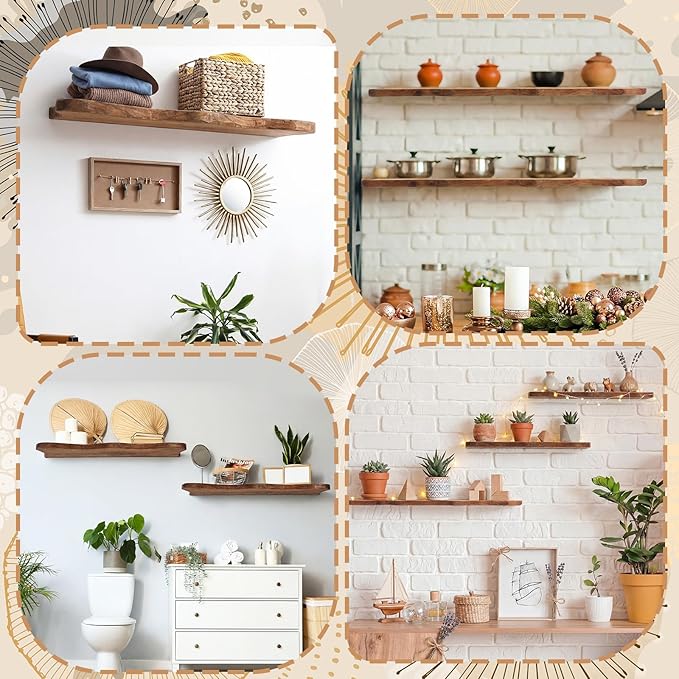 Pinkunn 4 Pcs Floating Shelves for Wall Wooden Live Edge Shelf Wall-Mounted Natural Solid Wood Bedroom Kitchen Storage Living Room Nursery Decor (23.62/35.43 Inch)