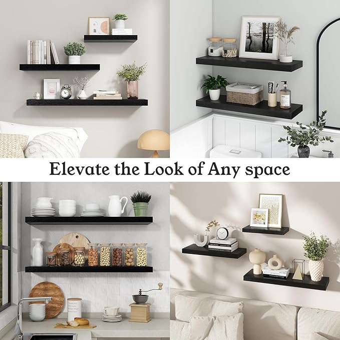 Floating Shelves for Wall, 9.3" Deep Wall Mounted Wood Shelves for Bathroom, Bedroom (Black, 55)