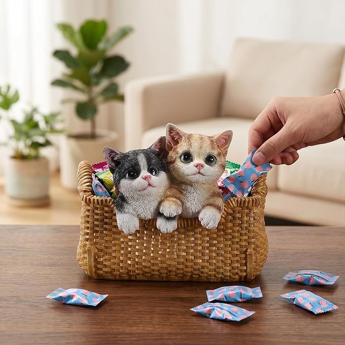 Cute Cat Statue Valet Tray - Decorative Kitten Catchall Basket Organizer - Entryway Key Holder Bowl & Aesthetic Animal Room Accents